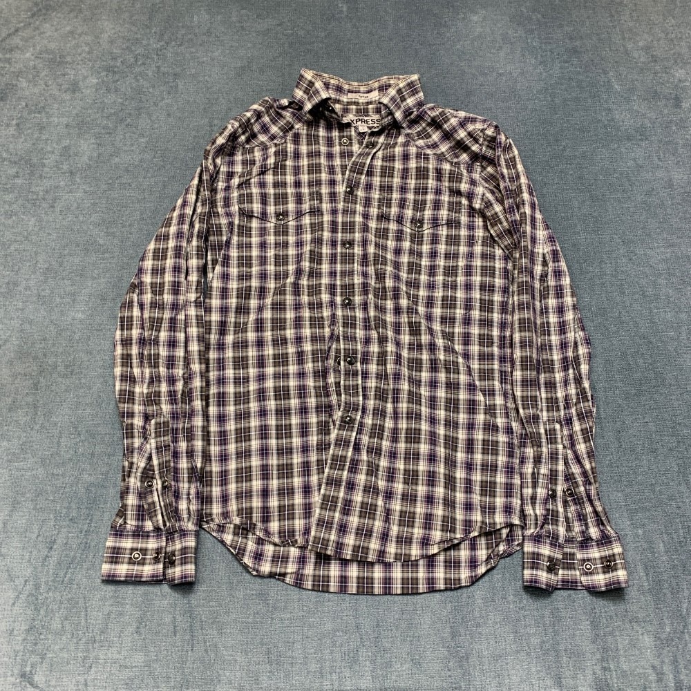 Express Western Shirt Men S Multicolor Plaid Cotton Snap Button Up Cowboy Fitted